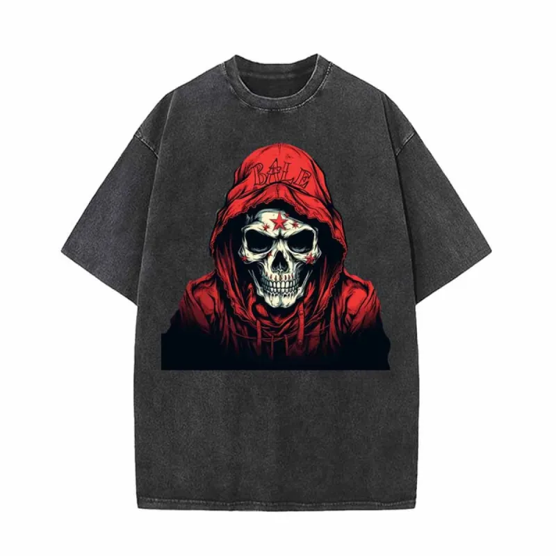 Red Hoodie Skeleton Pattern Vintage Washed T-shirt sold by GTHIC