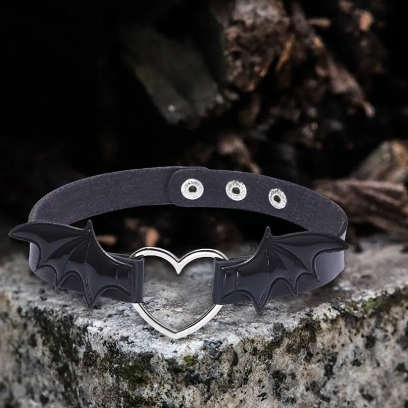 Gothic Heart Bat Wings Alloy PU Leather Choker Necklace sold by GTHIC