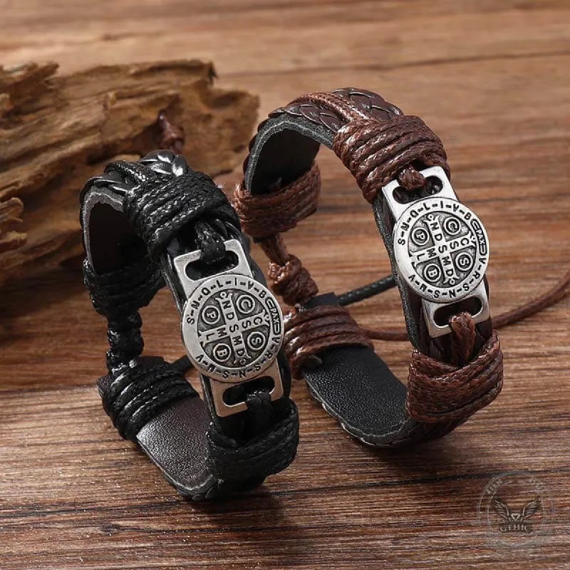St. Benedict Braided Leather Cross Adjustable Bracelet sold by GTHIC