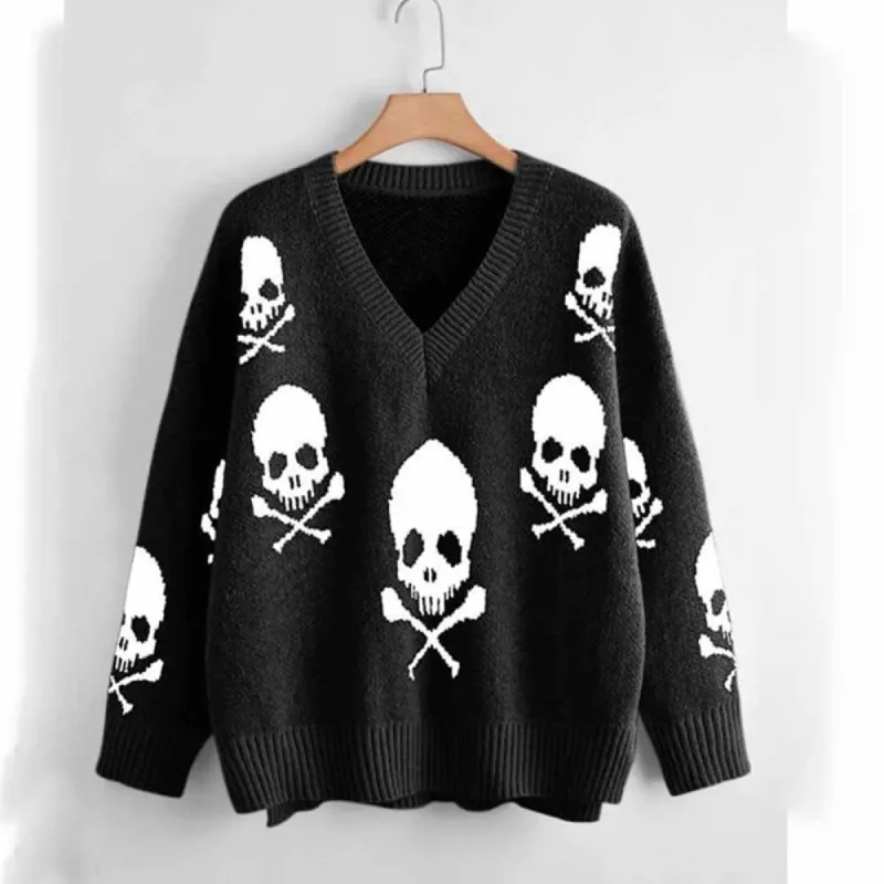 Gothic Skull Print V-Neck Knitted Sweater sold by GTHIC