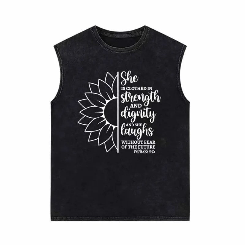 She Is Clothed In Strength Sun Flower Vintage Washed Vest Top sold by GTHIC