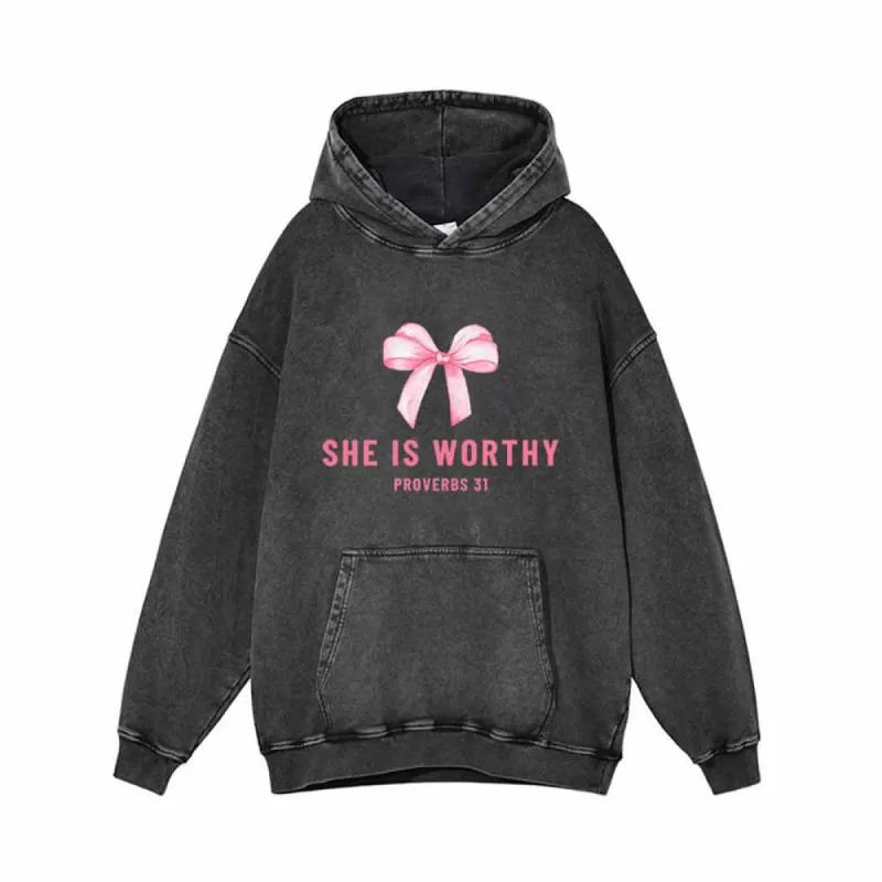 Pink Bow She is Worthy Vintage Washed Hoodie sold by GTHIC