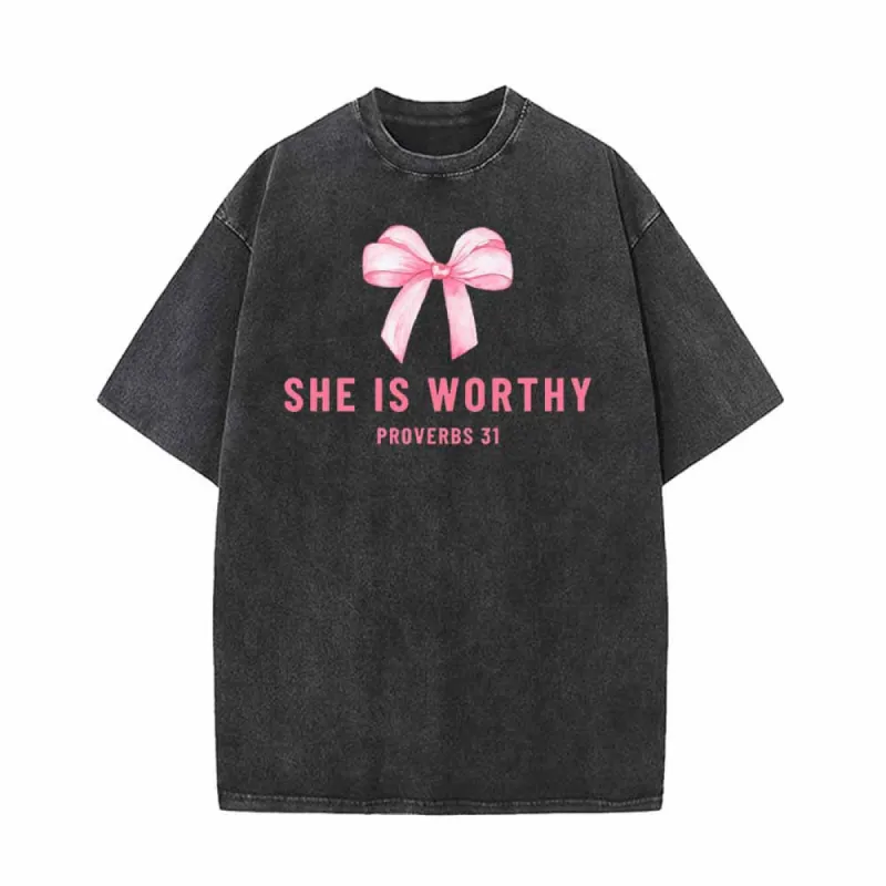 Pink Bow She is Worthy Vintage Washed T-shirt sold by GTHIC