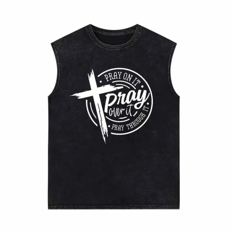 Pray On It Christian Cross Vintage Washed Vest Top sold by GTHIC