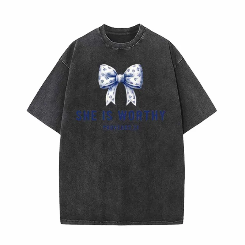 Blue Bow She Is Worthy Vintage Washed T-shirt sold by GTHIC