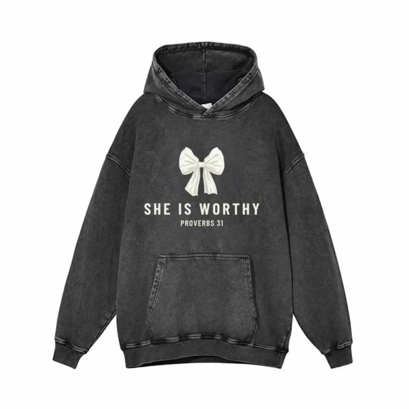 White Bow She Is Worthy Vintage Washed Hoodie sold by GTHIC