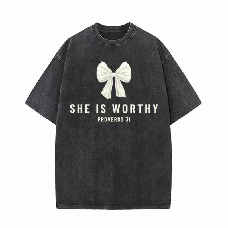 White Bow She Is Worthy Vintage Washed T-shirt sold by GTHIC