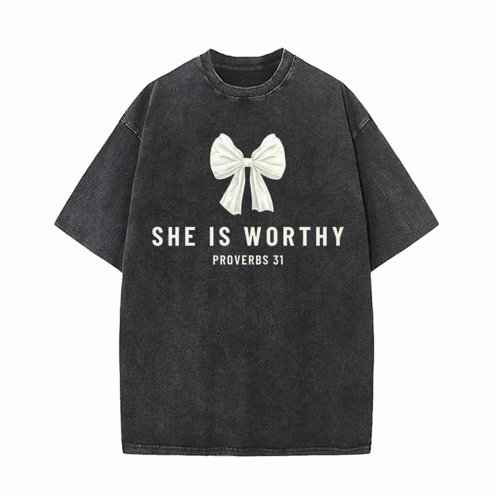 White Bow She Is Worthy Vintage Washed T-shirt sold by GTHIC