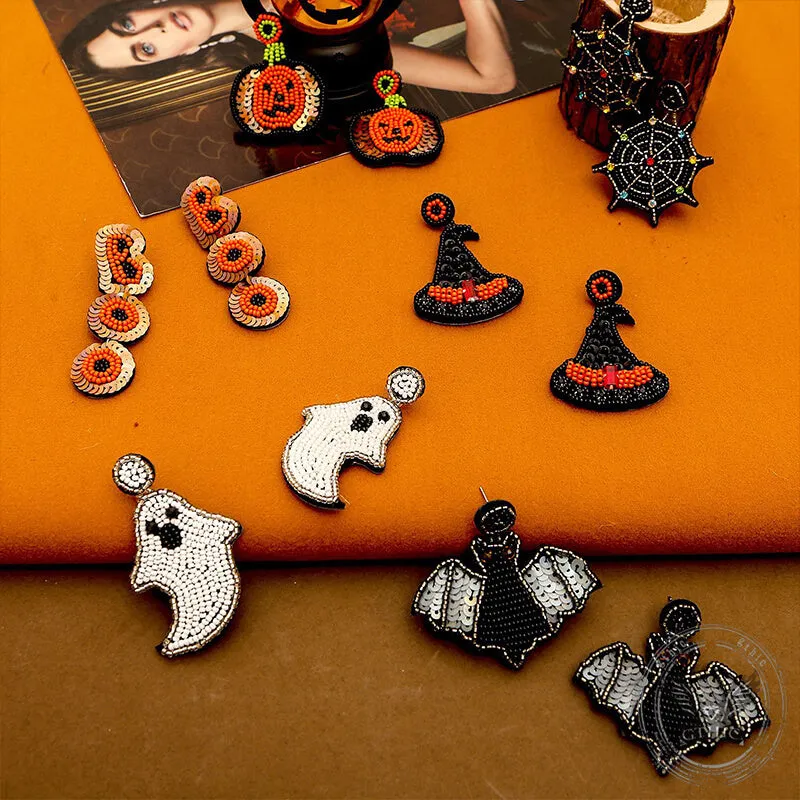 Halloween Hat Ghost Pumpkin Bat Rice Bead Earrings sold by GTHIC