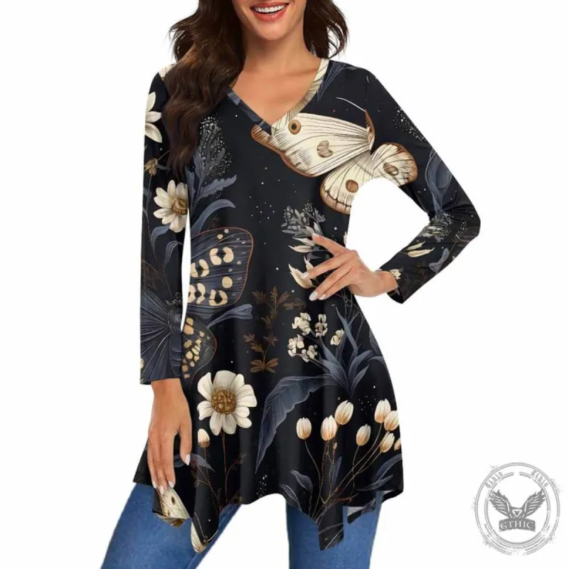 Moths Magic Floral Night V-Neck Irregular Hem Top sold by GTHIC