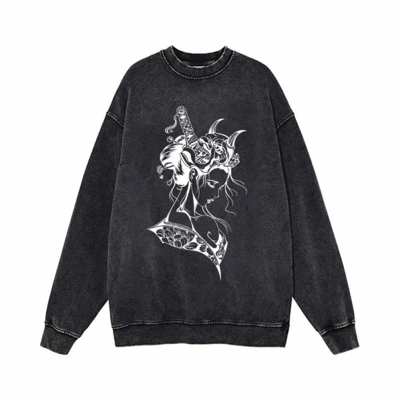 Japanese Samurai Geisha Vintage Washed Sweatshirt sold by GTHIC
