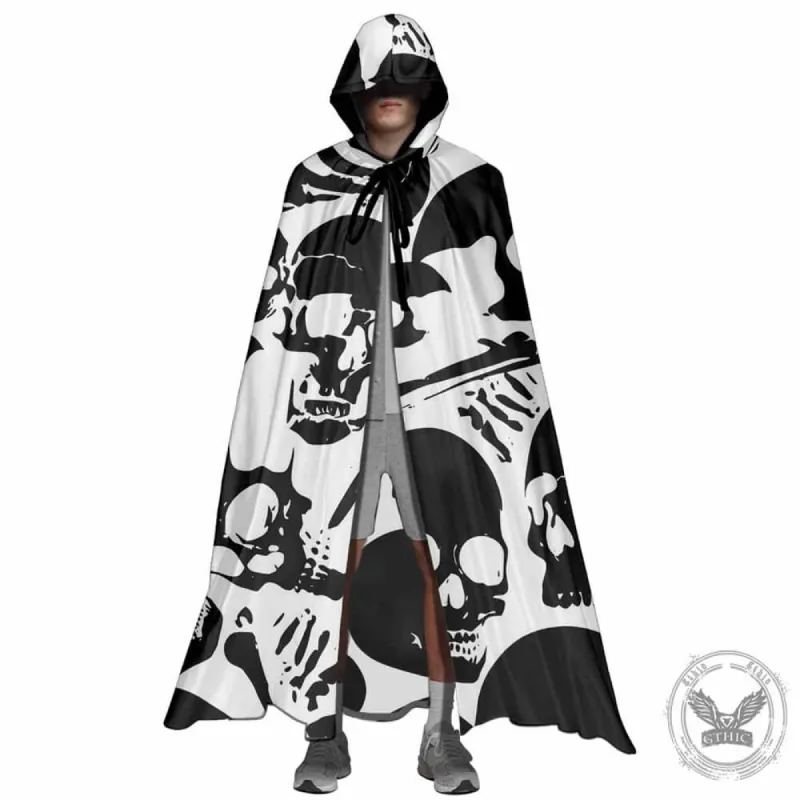 Black Skull Print Strap Hooded Cape sold by GTHIC