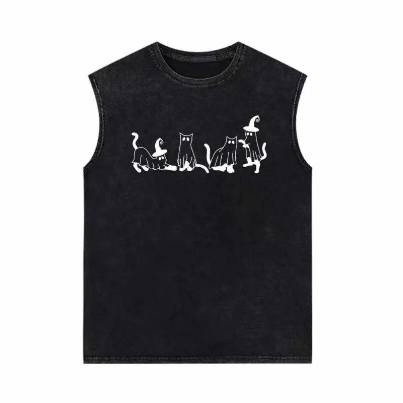 Spooky Ghost Cat Vintage Washed Vest Top sold by GTHIC