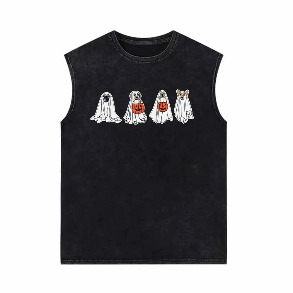 Сute Ghost Dog Pumpkin Head Vintage Washed Vest Top sold by GTHIC