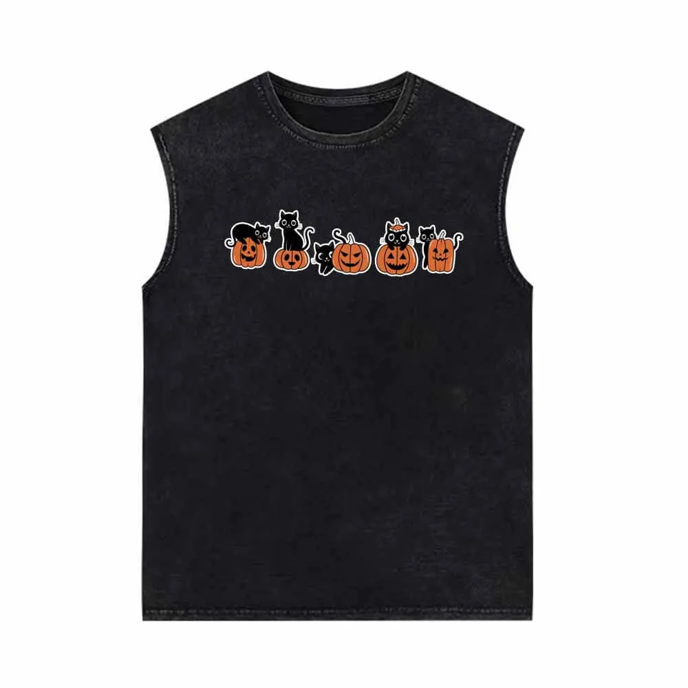 Black Cat Pumpkin Head Vintage Washed Vest Top sold by GTHIC