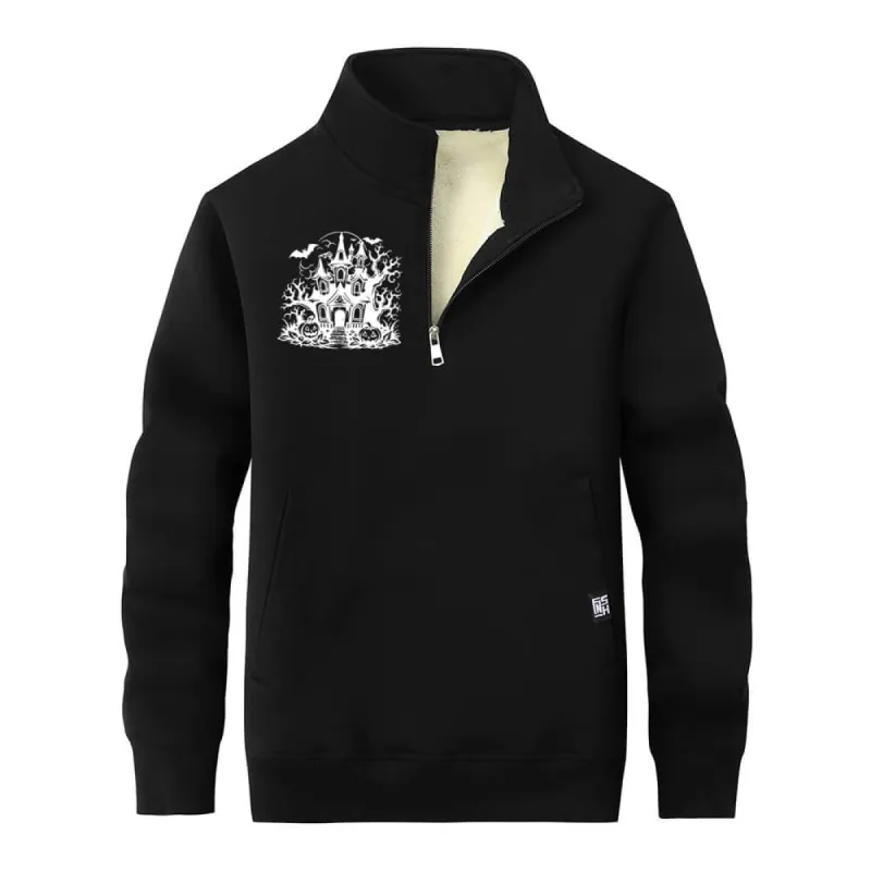 Multicolor Haunted House Collar Zip Fleece Sherpa Sweatshirt sold by GTHIC