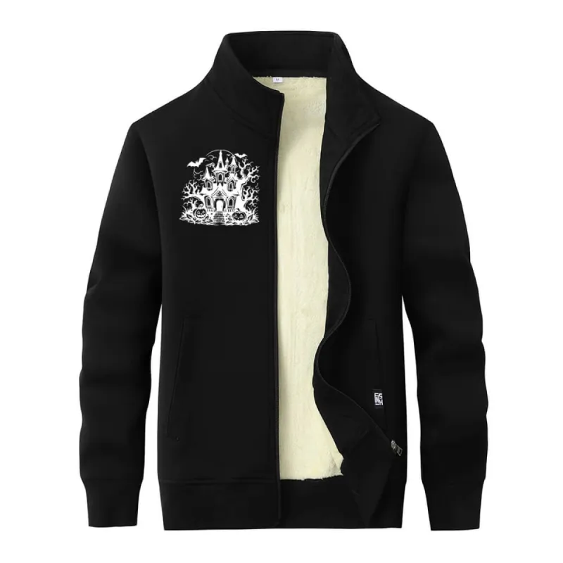 Multicolor Haunted House Stand Collar Zip Fleece Sherpa Cardigan sold by GTHIC