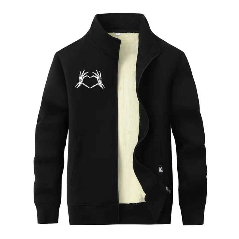 Skull Hand Love Heart Fleece Sherpa Stand Collar Zip Cardigan sold by GTHIC