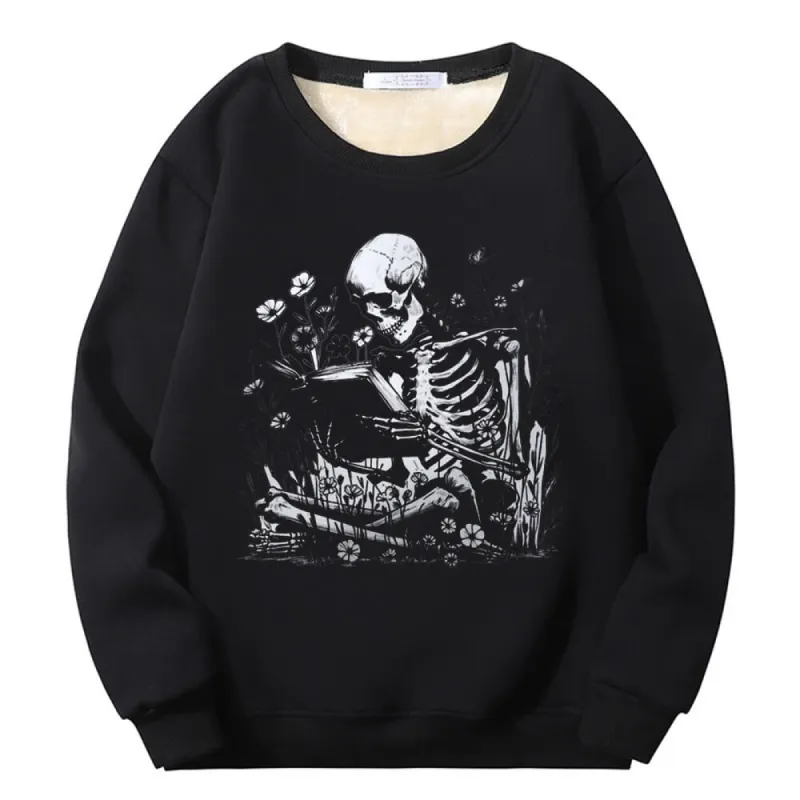 Multicolor Book Reading Skull Fleece Crew Collar Sweatshirt sold by GTHIC