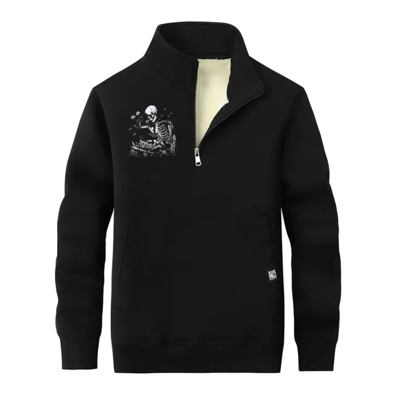 Multicolor Book Reading Skull Collar Zip Fleece Sherpa Sweatshirt sold by GTHIC