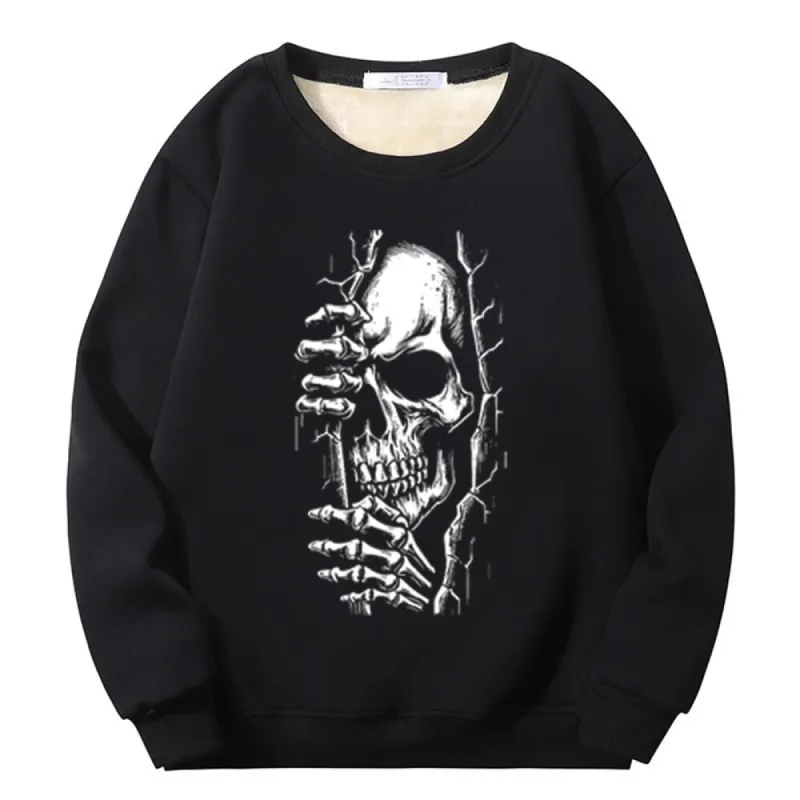Multicolor Peeking Skull Crew Collar Fleece Sherpa Sweatshirt sold by GTHIC