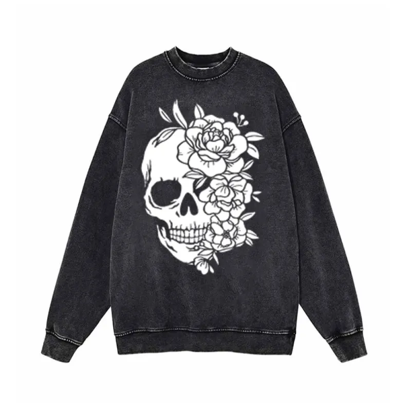 Flower Half Face Skull Vintage Washed Sweatshirt sold by GTHIC