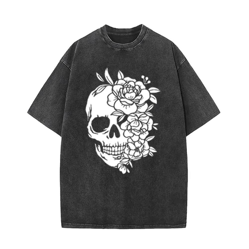 Flower Half Face Skull Vintage Washed T-shirt sold by GTHIC
