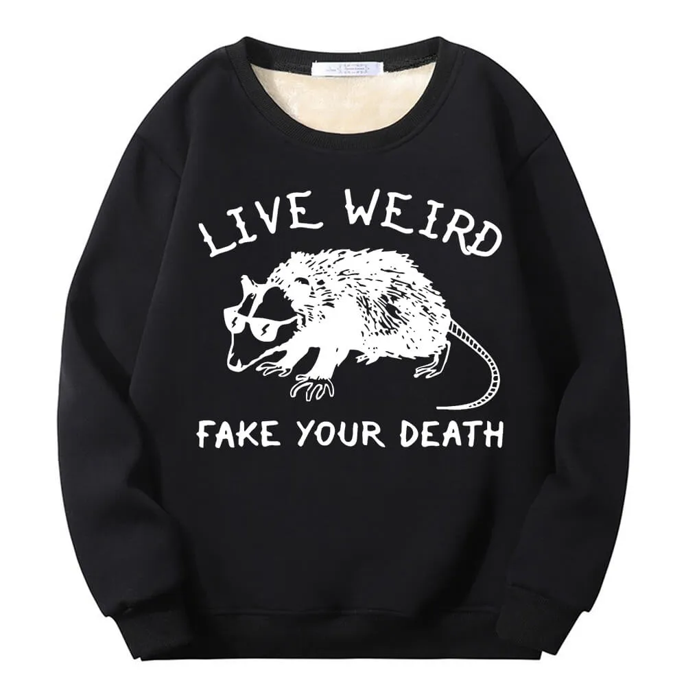 Live Weird Fake Your Death Rat Fleece Crew Collar Sweatshirt sold by GTHIC