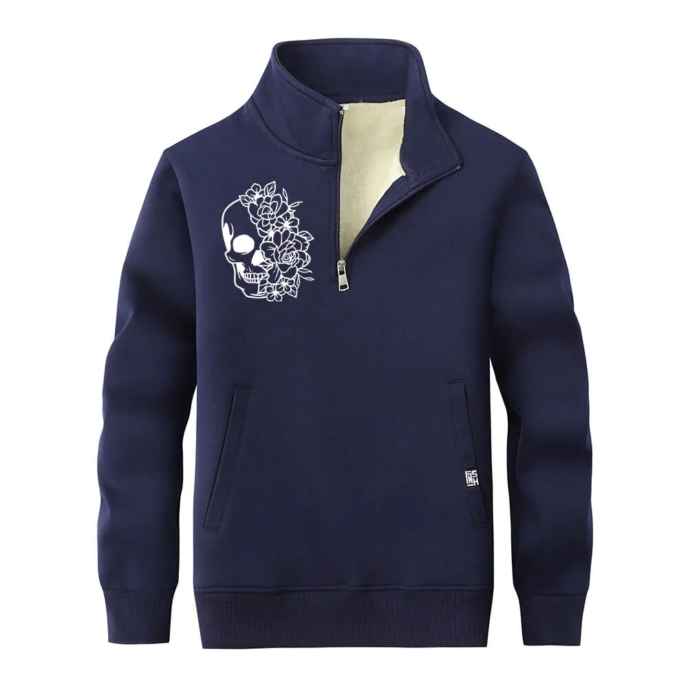 Half Face Skeleton Flower Stand Collar Zip Fleece Sweatshirt sold by GTHIC