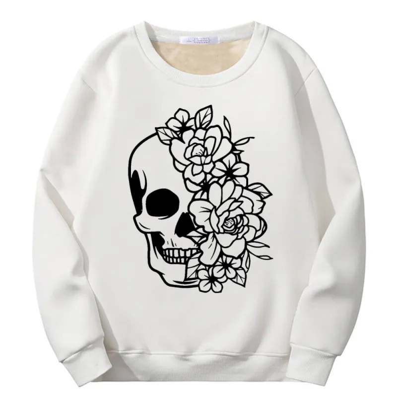 Half Face Skeleton Flower Plague Crew Collar Fleece Sweatshirt sold by GTHIC