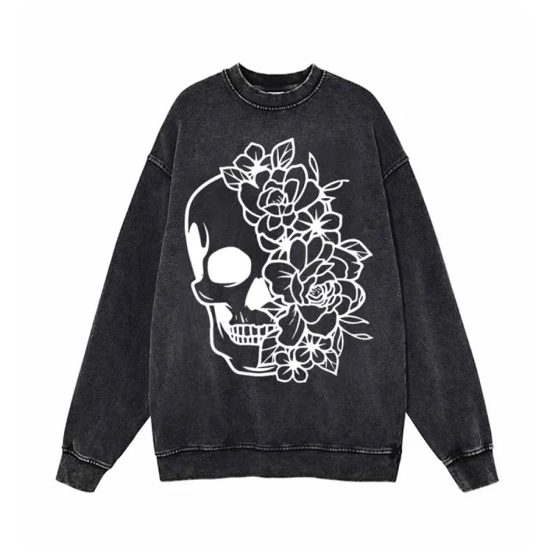Half Face Skeleton Flower Vintage Vintage Washed Sweatshirt sold by GTHIC