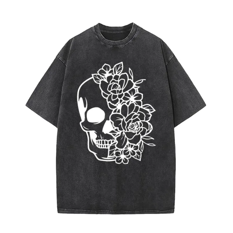 Half Face Skeleton Flower Vintage Washed T-shirt sold by GTHIC