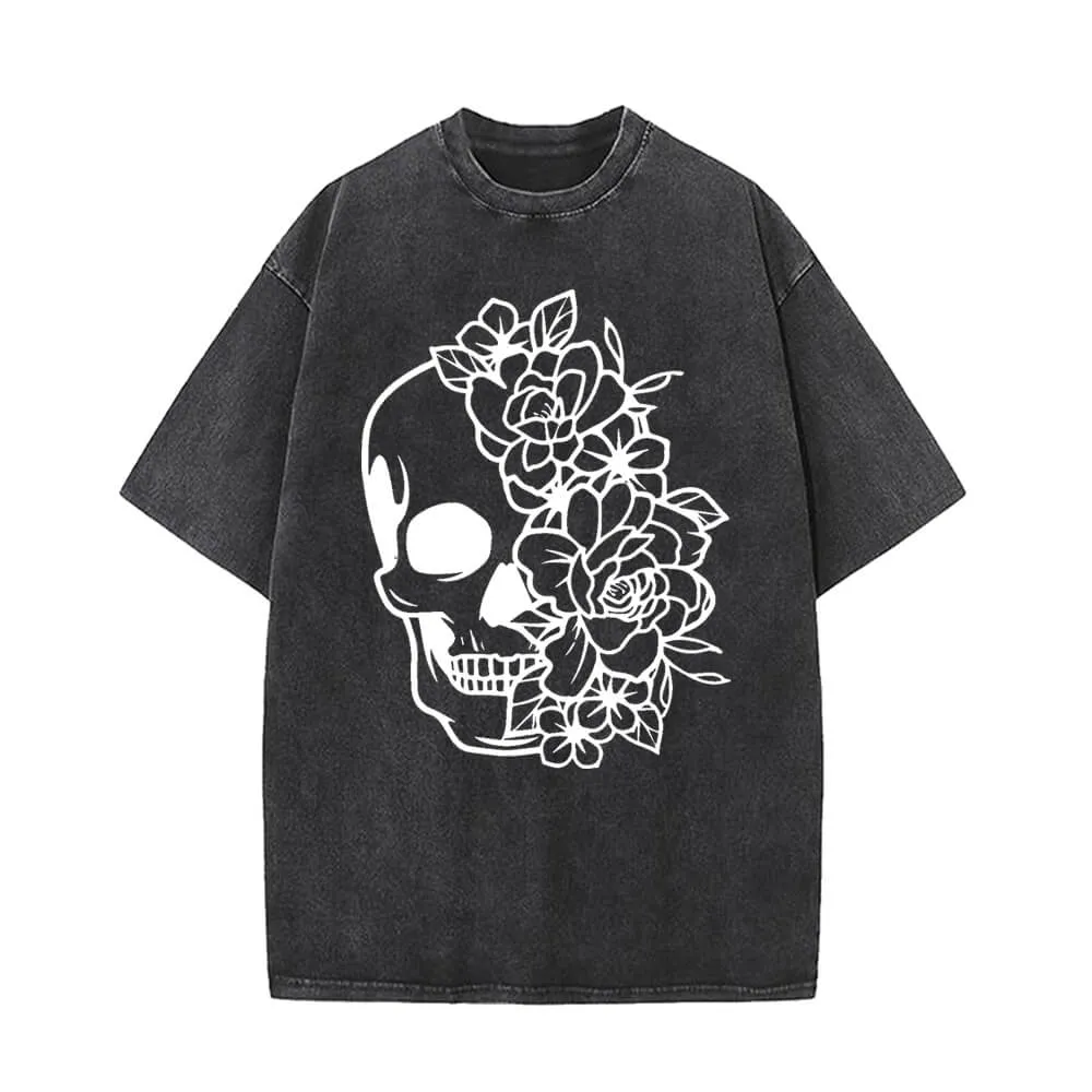 Half Face Skeleton Flower Vintage Washed T-shirt sold by GTHIC