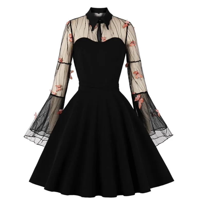 Vintage Mesh Butterfly Embroidery Trumpet Sleeve Dress sold by GTHIC