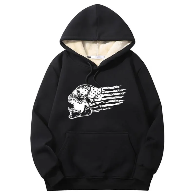 Patriotic Skull American Flag Fleece Sherpa Crew Collar Hoodie sold by GTHIC