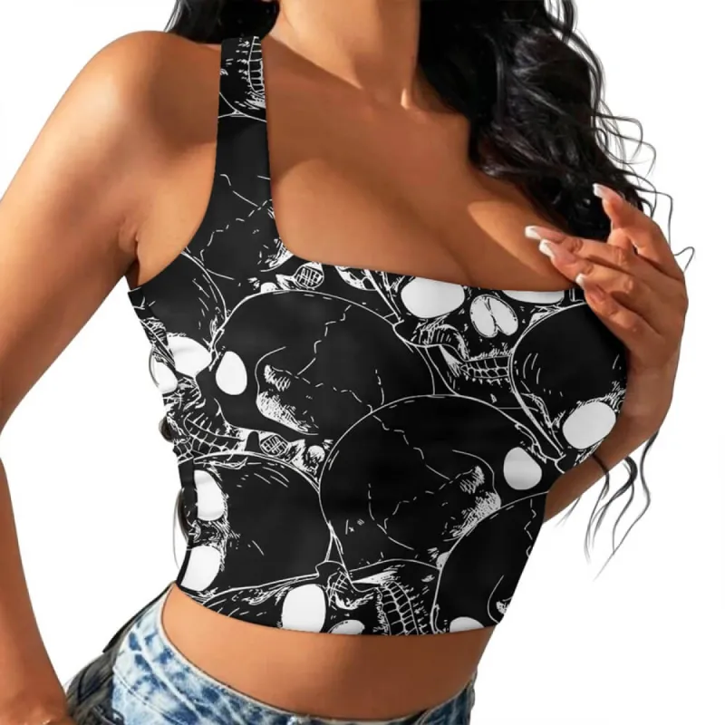 Gothic Skull Print Off-The-Shoulder One-Sided Sling Vest sold by GTHIC