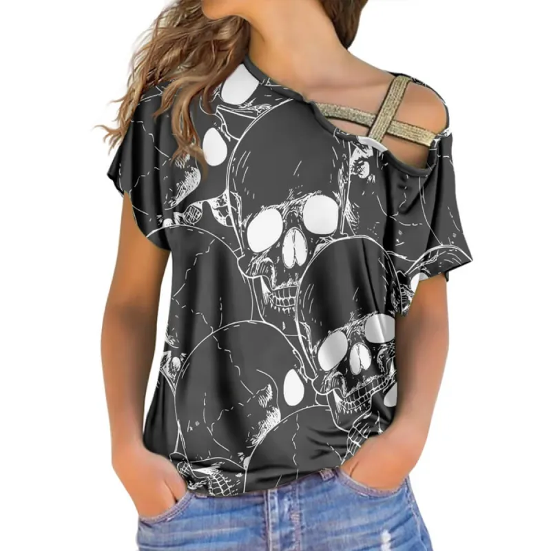 Sexy Off-The-Shoulder Skull Print Cross Strap Top sold by GTHIC