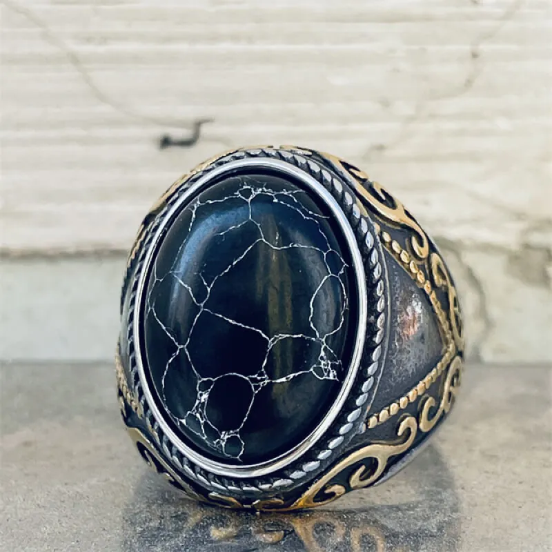 Black Crack Turquoise Patterned Stainless Steel Ring sold by GTHIC