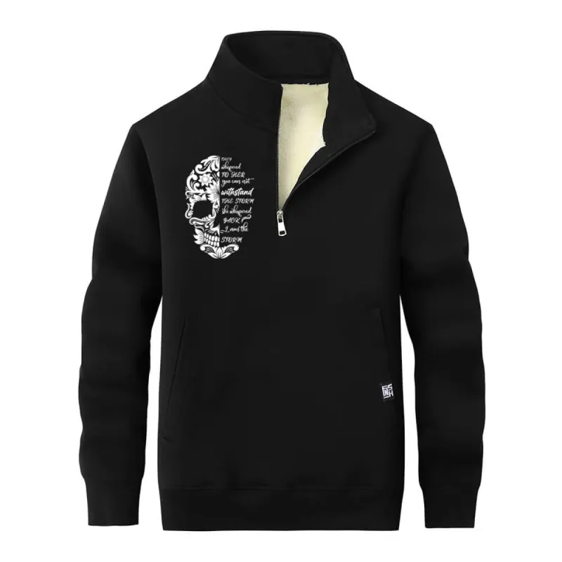 Flower Pattern Half Skull Fleece Head Stand Collar Zip Sweatshirt sold by GTHIC