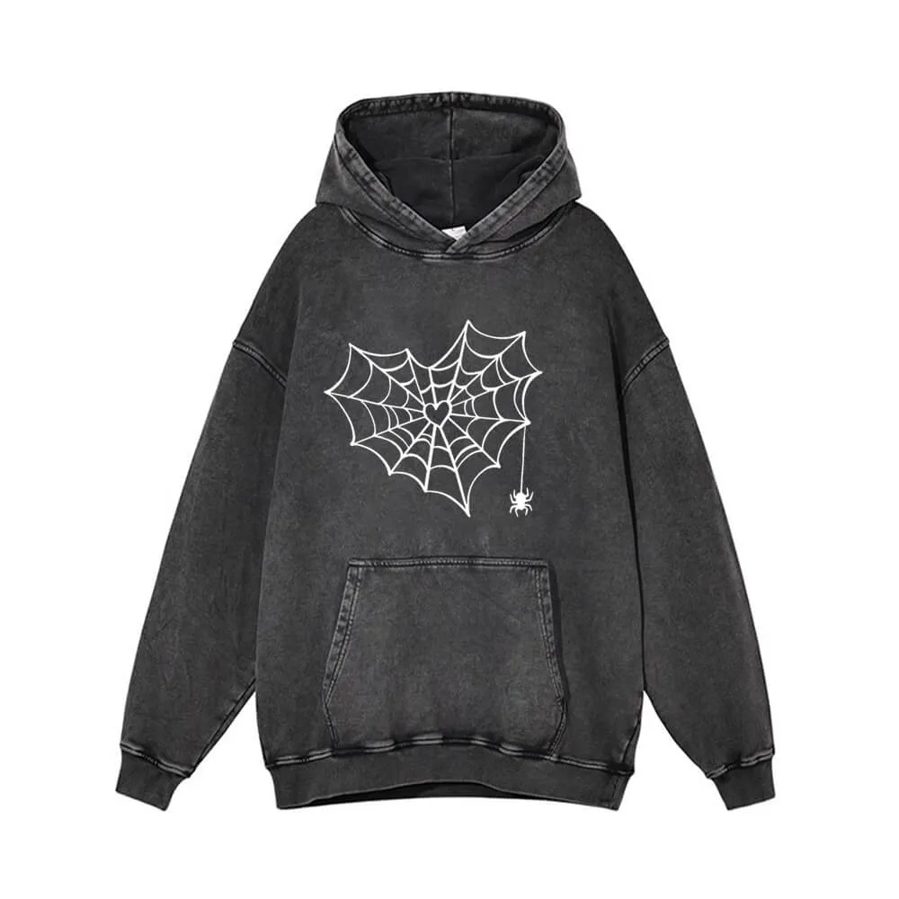 Heart Spiderweb Pattern Vintage Washed Hoodie sold by GTHIC