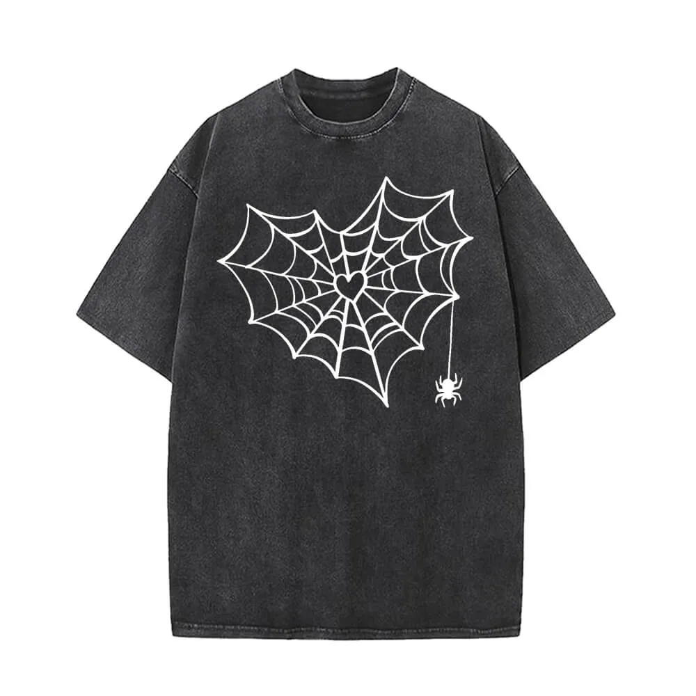 Heart Spiderweb Pattern Vintage Washed T-shirt sold by GTHIC