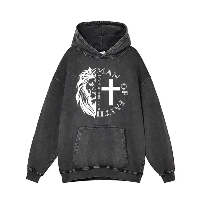 Man Of Faith Lion Cross Vintage Washed Hoodie sold by GTHIC