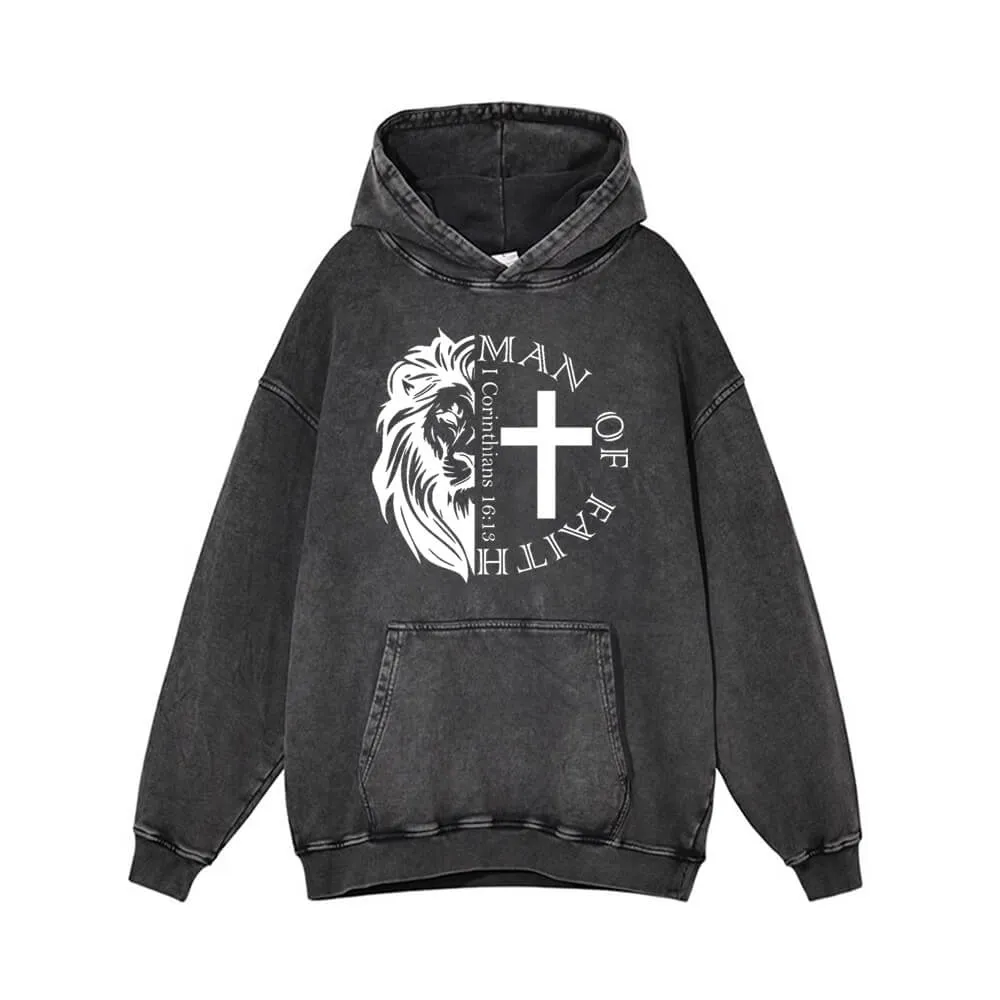Man Of Faith Lion Cross Vintage Washed Hoodie sold by GTHIC