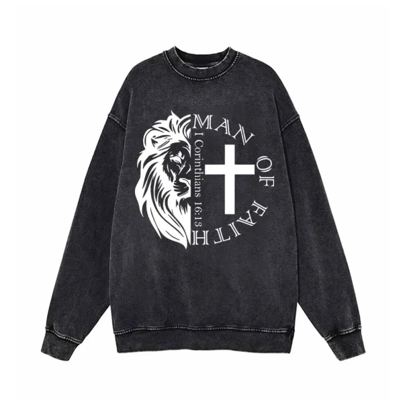 Man Of Faith Lion Cross Vintage Washed Sweatshirt sold by GTHIC