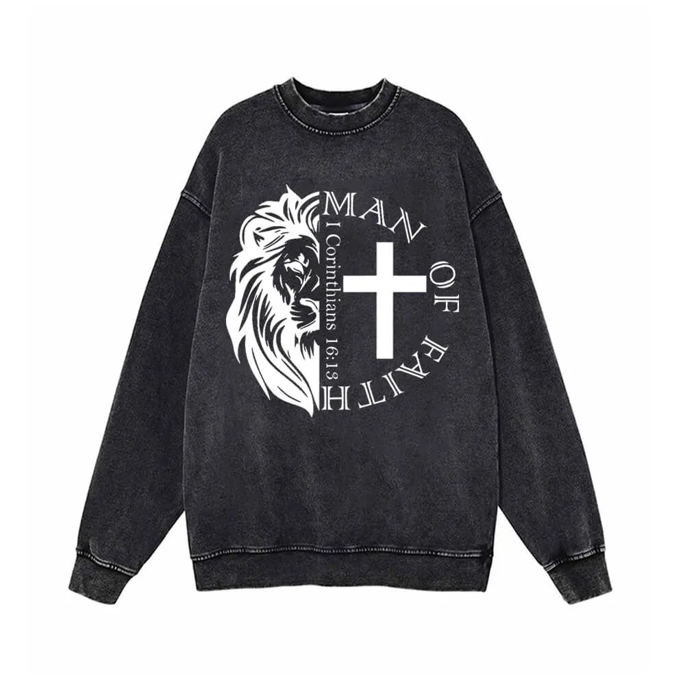 Man Of Faith Lion Cross Vintage Washed Sweatshirt sold by GTHIC