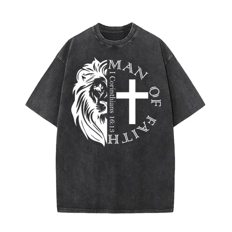 Man Of Faith Lion Cross Vintage Washed T-shirt sold by GTHIC