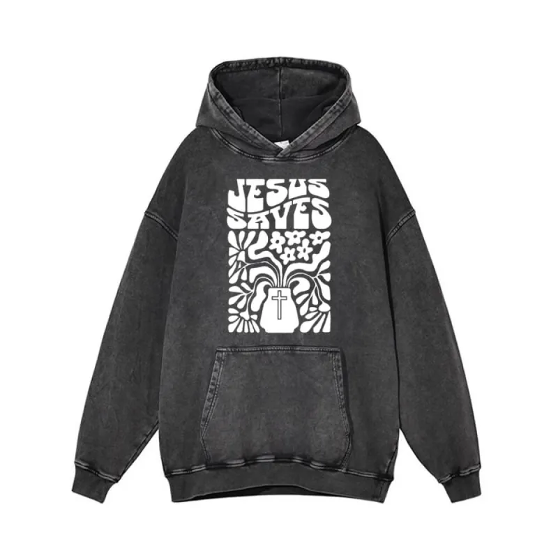 Jesus Saves Floral Cross Vintage Washed Hoodie sold by GTHIC