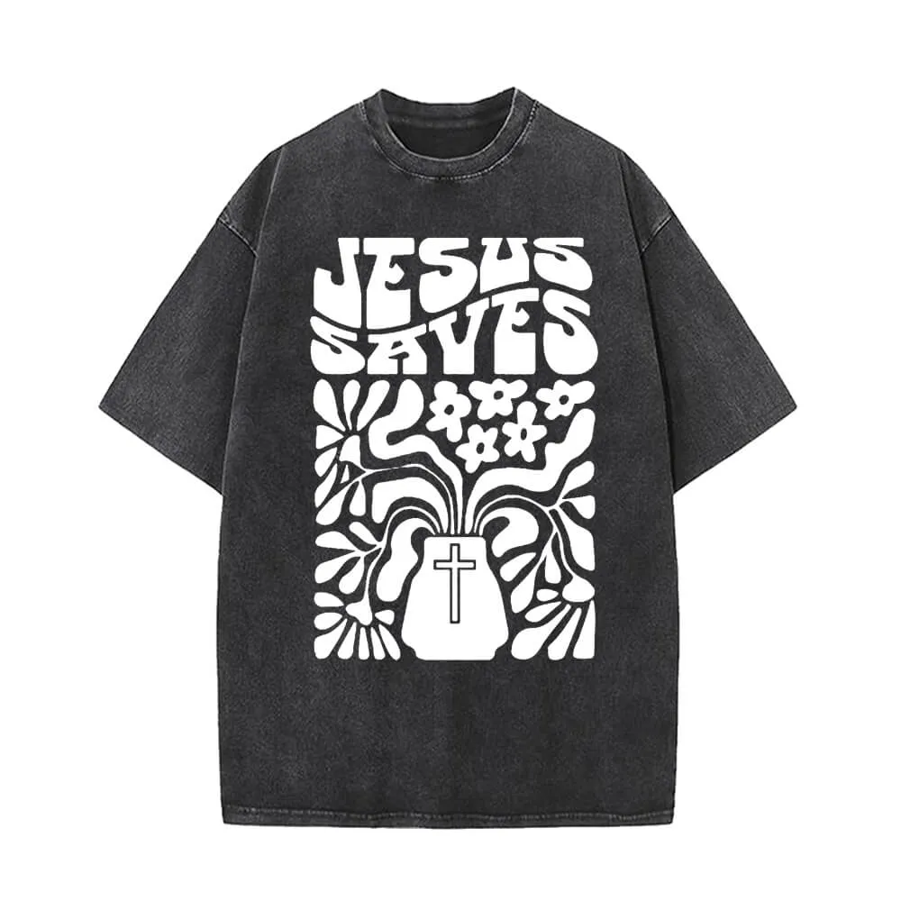 Jesus Saves Floral Cross Vintage Washed T-shirt sold by GTHIC