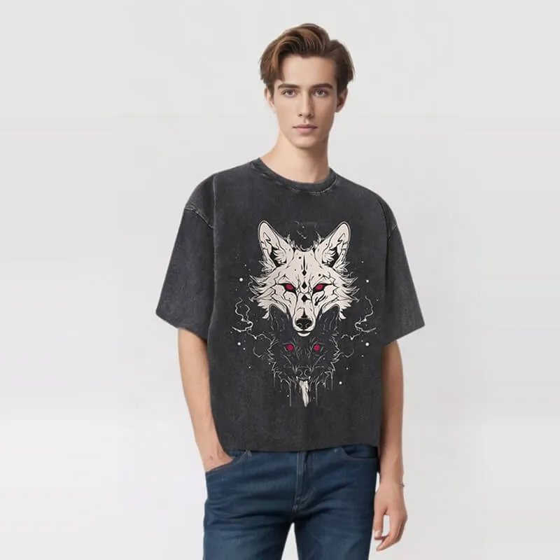 Bright And Dark Wolf Print Washed T-shirt sold by GTHIC product image thumbnail 2