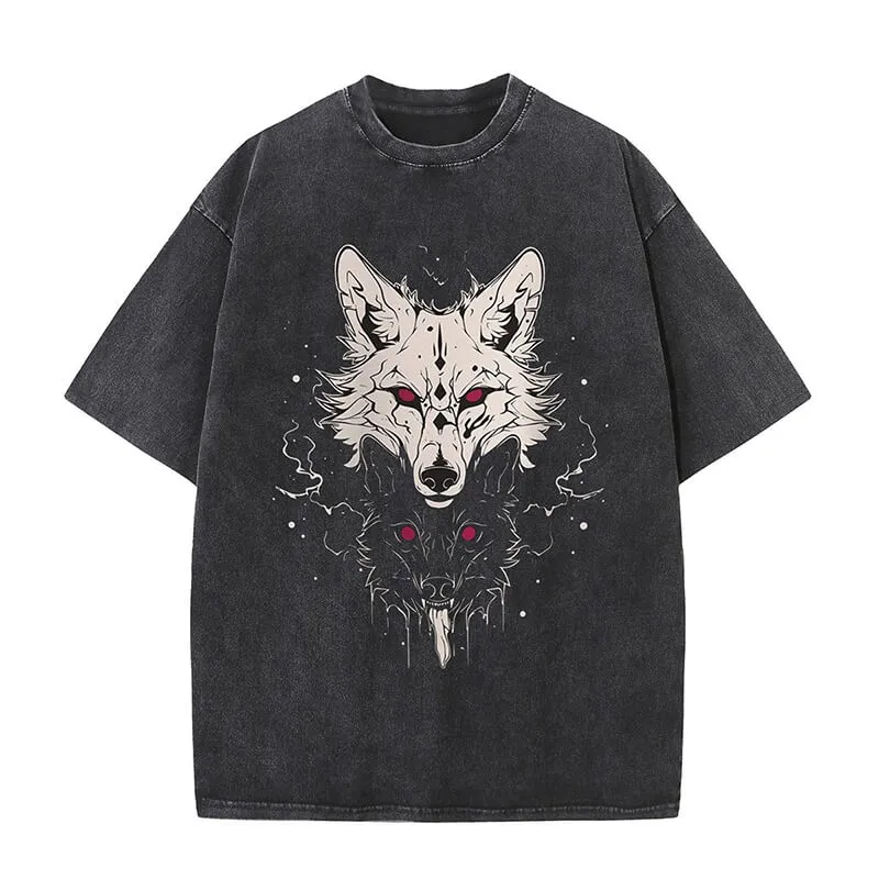 Bright And Dark Wolf Print Washed T-shirt sold by GTHIC